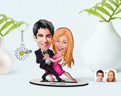 Kişiye Özel Sevgililer Karikatürlü 3D Ahşap Biblo ve İsimli Silver Papatya Anahtarlık-13