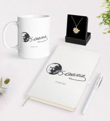 Kişiye Özel Atatürk Temalı Beyaz Kupa Defter Kalem ve İsimli Papatya Kolye Hediye Seti-20