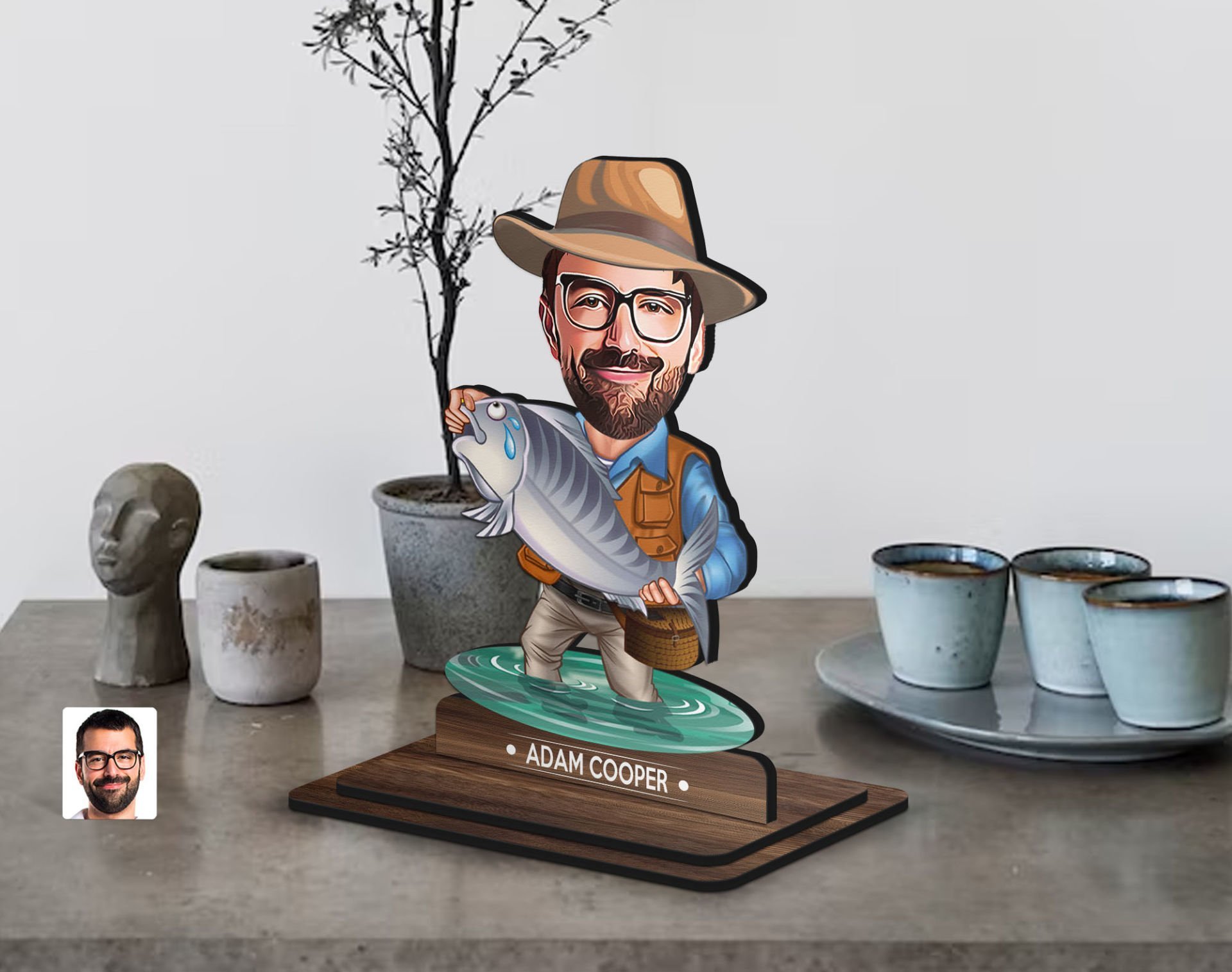 BK Gift Kişiye Özel Balıkçı Karikatürlü Ahşap Biblo-9 , Arkadaşa Hediye , Sevgiliye Hediye, Kişiye Özel Biblolar