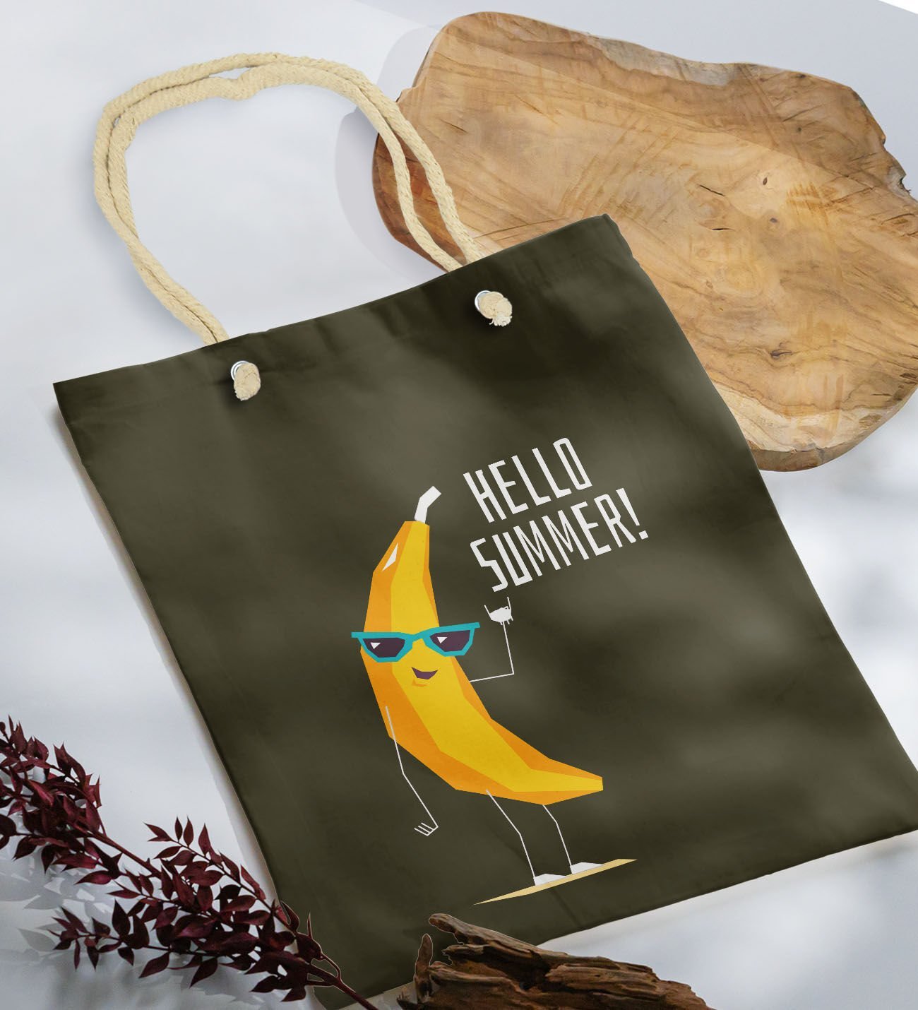 BK Gift Yaz Temalı Haki Halat Saplı Kumaş Plaj Çantası -11, Baskılı Omuz Çantası, Alışveriş Çantası, Arkadaşa Hediye, Sevgiliye Hediye