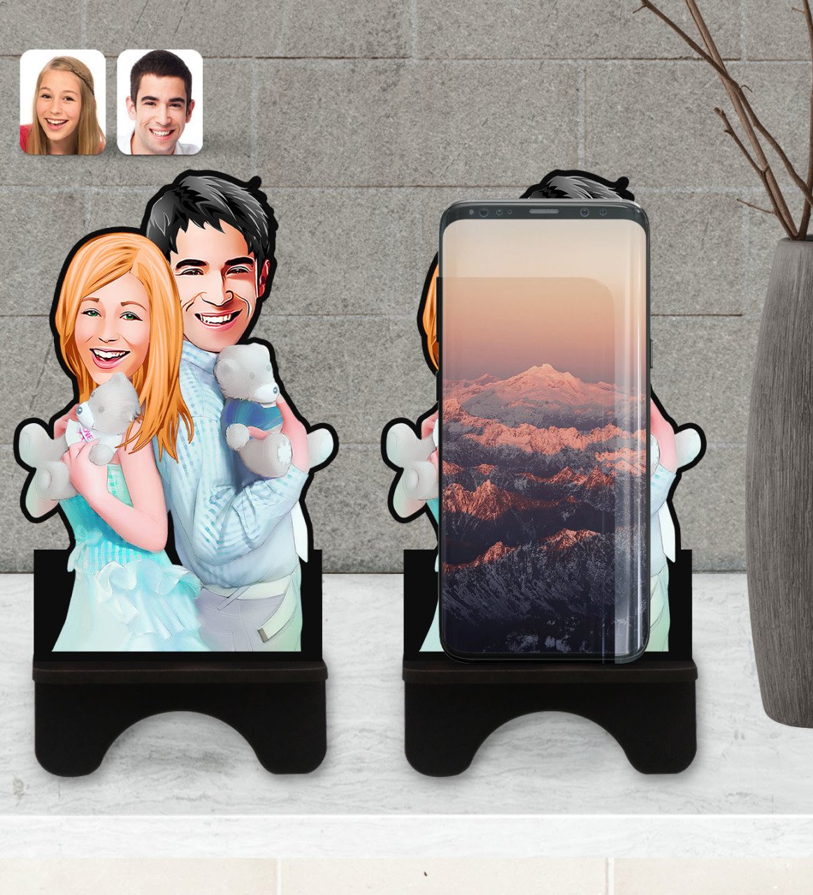 Kişiye Özel Sevgililer Karikatürlü Ahşap Biblo Telefon Standı-87