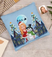 BK Gift Kişiye Özel Kadın Yeni Yıl Karikatürlü Beyaz Yastık-1