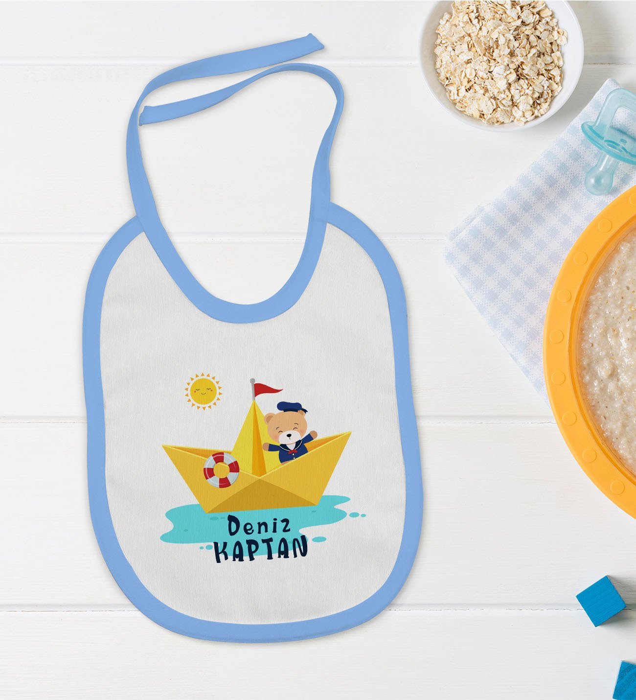 BK Kids Kişiye Özel Mavi Bebek Mama Önlüğü - Model 114