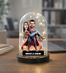BK Gift Kişiye Özel Süpermen Çift Tasarımlı Karikatür Led Işıklı Cam Fanus Biblo -1, Romantik Hediye, Ev Hediyesi, Sevgiliye Hediye