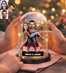 BK Gift Kişiye Özel Süpermen Çift Tasarımlı Karikatür Led Işıklı Cam Fanus Biblo -1, Romantik Hediye, Ev Hediyesi, Sevgiliye Hediye