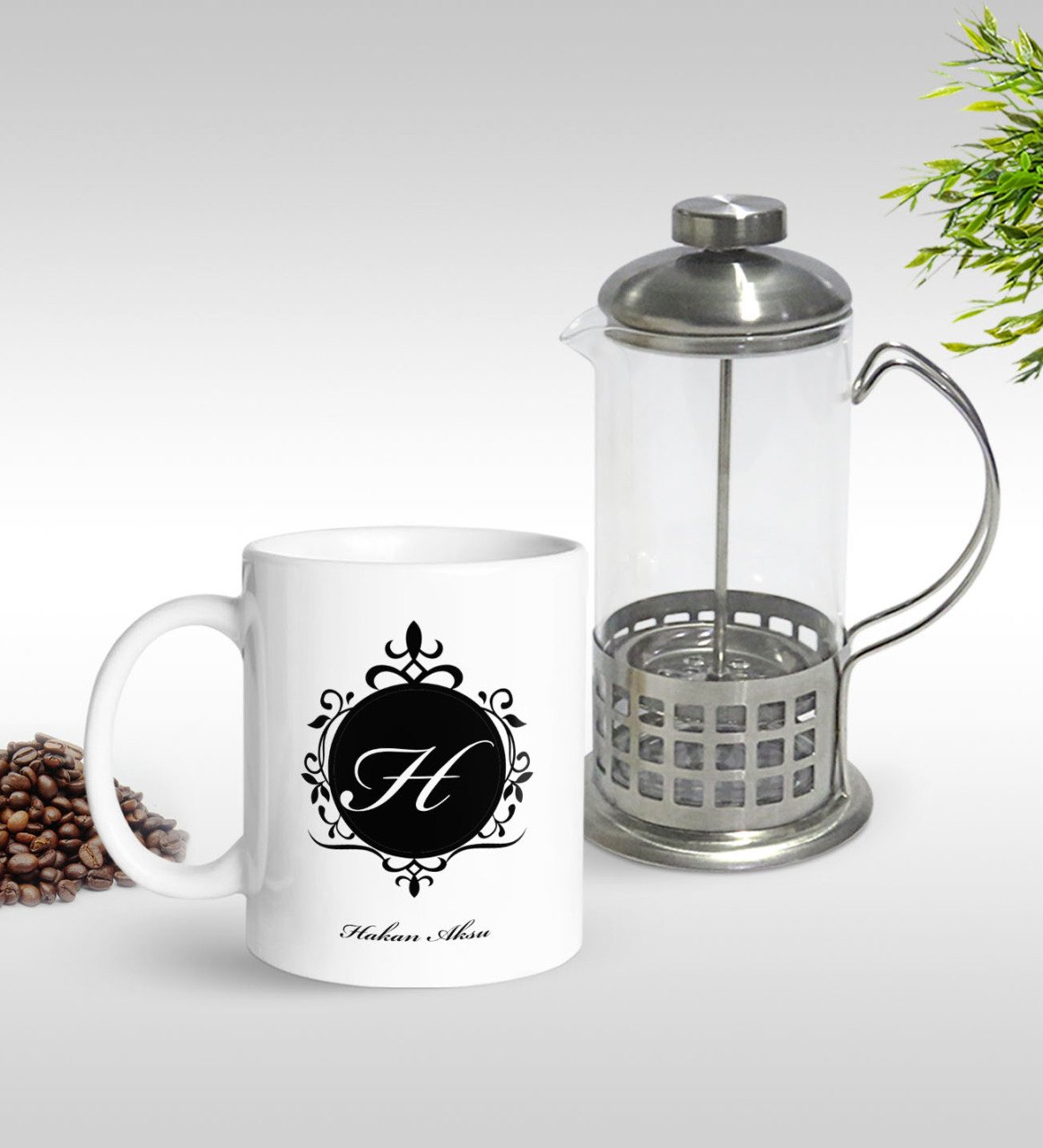 Kişiye Özel Baş Harf İsim Tasarımlı Kupa & French Press Seti-9