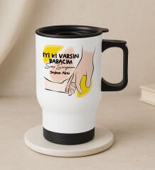 BK Gift Kişiye Özel Babalar Günü Tasarımlı Kulplu Beyaz Çelik Bardak Termos Mug 450ml-7, Babalar Günü Hediye, Babaya Hediye