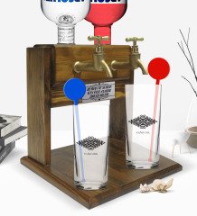 Kişiye Özel Renkli Baskılı İsimli İkili Vodka Bardağı ve Çift Musluklu Doğal Ahşap Vodka Standı-111