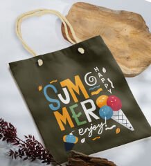 BK Gift Yaz Temalı Haki Halat Saplı Kumaş Plaj Çantası -12, Baskılı Omuz Çantası, Alışveriş Çantası, Arkadaşa Hediye, Sevgiliye Hediye