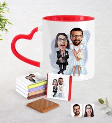 Kişiye Özel Sevgililer Karikatürlü Kırmızı Kalpli Kupa ve Çikolata Seti-16