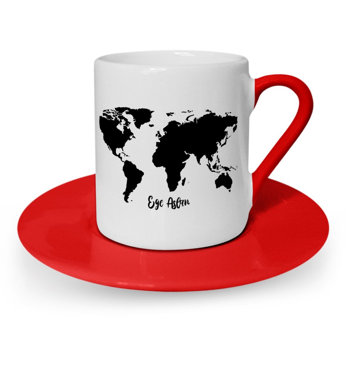 Kişiye Özel World Map Tasarımlı Kırmızı Türk Kahvesi Fincanı - 1