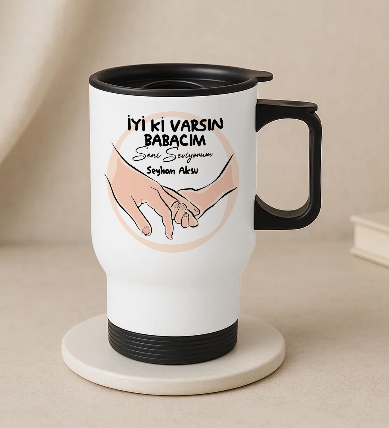 BK Gift Kişiye Özel Babalar Günü Tasarımlı Kulplu Beyaz Çelik Bardak Termos Mug 450ml-8, Babalar Günü Hediye, Babaya Hediye