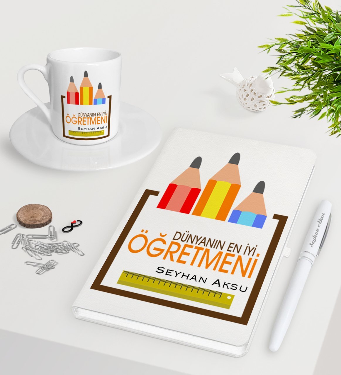 Kişiye Özel Dünyanın En İyi Öğretmeni Beyaz Defter Kalem Türk Kahvesi Fincanı Seti-20