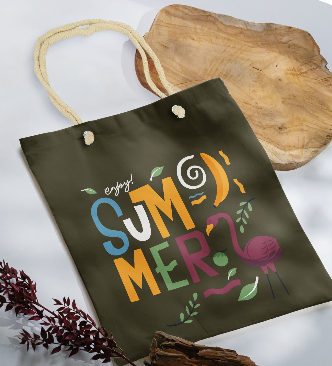 BK Gift Yaz Temalı Haki Halat Saplı Kumaş Plaj Çantası -13, Baskılı Omuz Çantası, Alışveriş Çantası, Arkadaşa Hediye, Sevgiliye Hediye