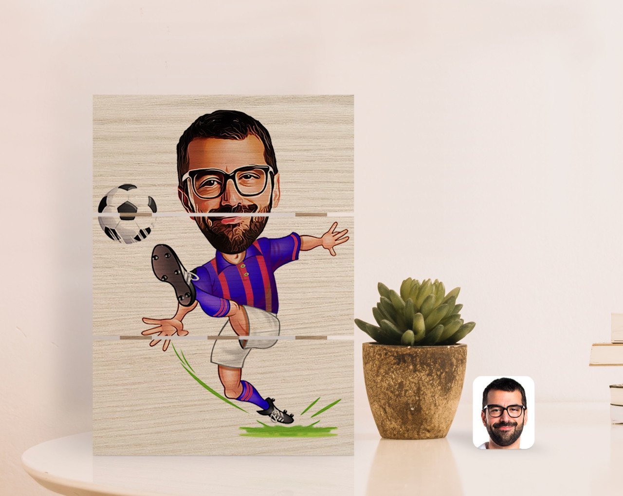 Kişiye Özel Bordo Mavi Futbolcu Karikatürlü Otantik Masaüstü Ahşap Palet Çerçeve-1