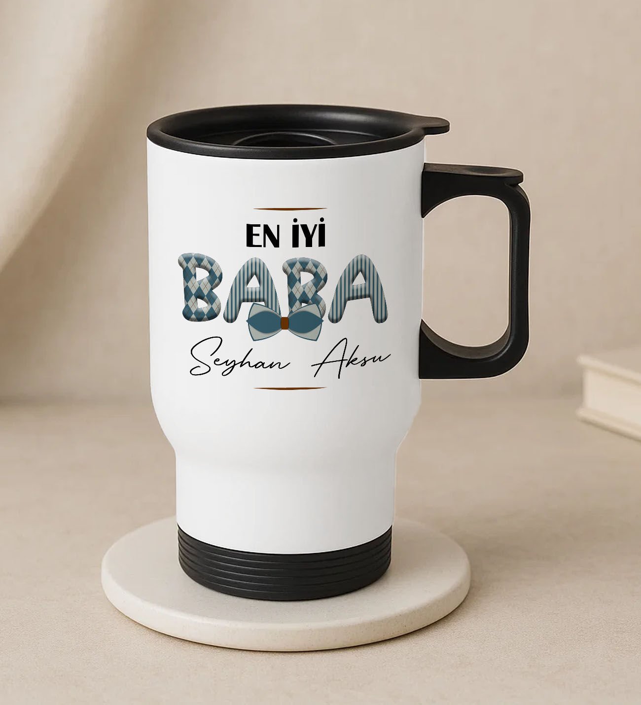 BK Gift Kişiye Özel Babalar Günü Tasarımlı Kulplu Beyaz Çelik Bardak Termos Mug 450ml-9, Babalar Günü Hediye, Babaya Hediye