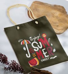 BK Gift Yaz Temalı Haki Halat Saplı Kumaş Plaj Çantası -14, Baskılı Omuz Çantası, Alışveriş Çantası, Arkadaşa Hediye, Sevgiliye Hediye