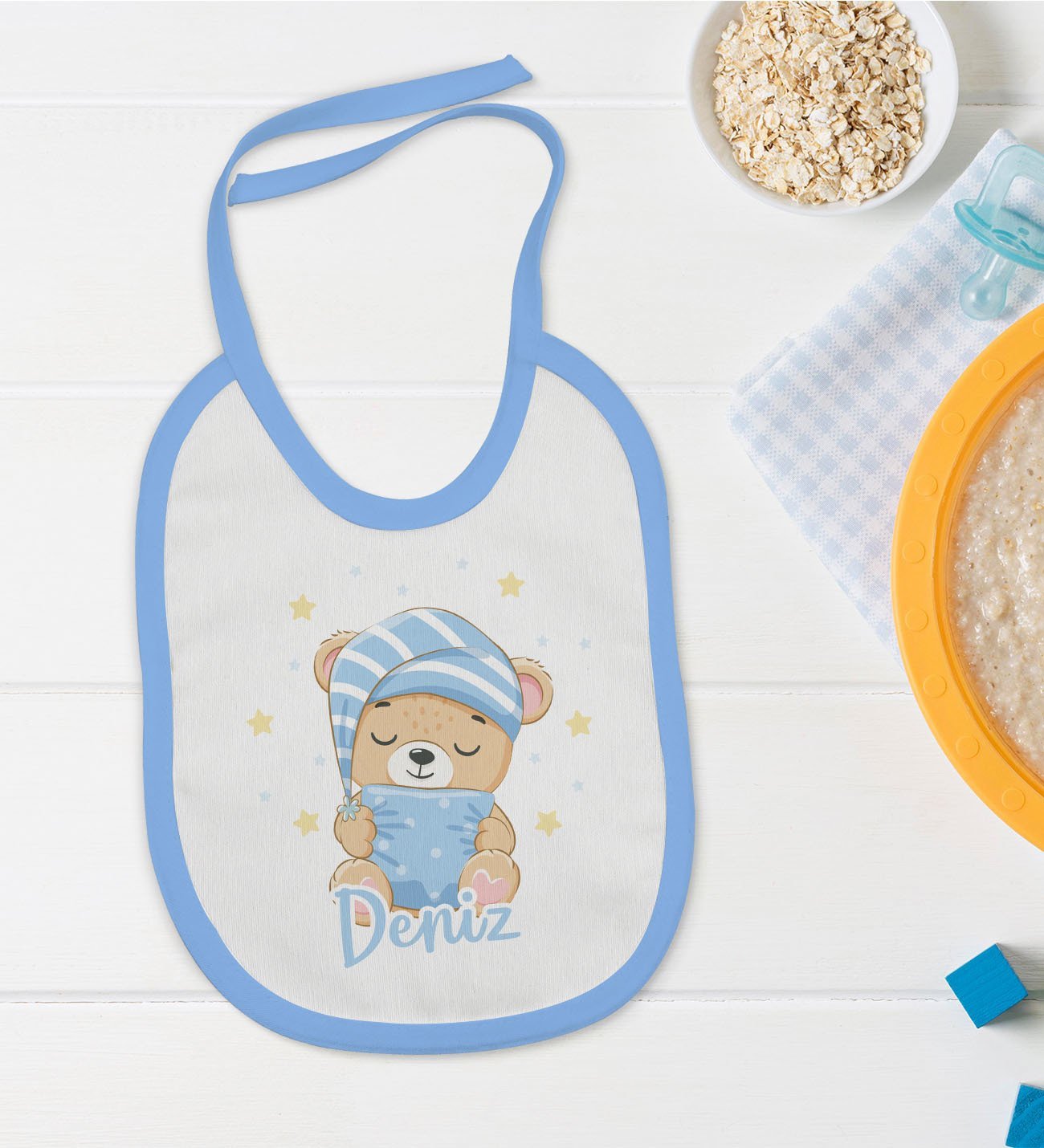 BK Kids Kişiye Özel Mavi Bebek Mama Önlüğü - Model 120