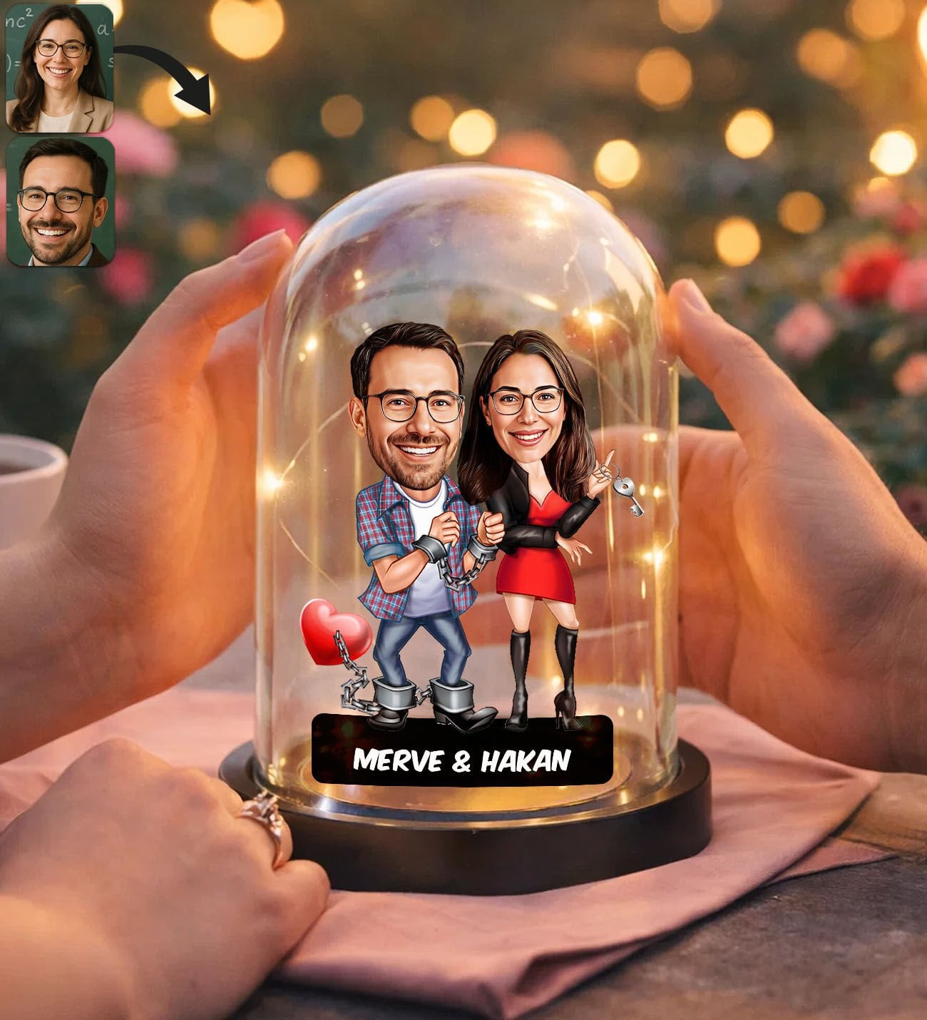 BK Gift Kişiye Özel Sevgiliye Karikatürlü Led Işıklı Cam Fanus Biblo -9, Romantik Hediye, Ev Hediyesi, Sevgiliye Hediye