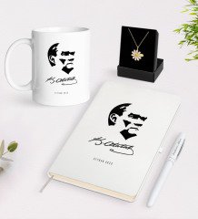 Kişiye Özel Atatürk Temalı Beyaz Kupa Defter Kalem ve İsimli Papatya Kolye Hediye Seti-24