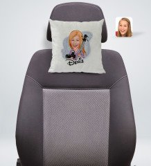 Kişiye Özel İsimli Kadın Fotoğrafçı Karikatürlü Kare Araç Koltuk Yastığı-1
