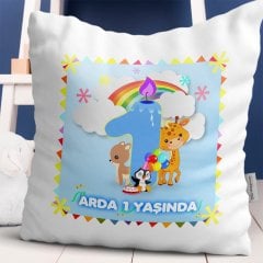 Kişiye Özel 1. Yaş Tasarımlı Erkek Bebek Dekoratif Beyaz Yastık - 1