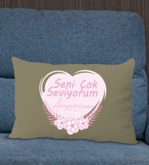 BK Gift Anneler Günü Tasarımlı Premium Kumaş Haki Dikdörtgen Kırlent Yastık, Anneler Günü Hediyesi, Ev Dekorasyonu-1
