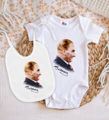 BK Kids Atatürk Temalı Beyaz Bebek Body Zıbın ve Mama Önlüğü Hediye Seti-11
