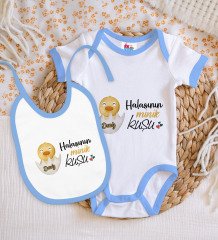 BK Kids Kişiye Özel Halasının Minik Kuşu Tasarımlı Mavi Bebek Body Zıbın ve Mama Önlüğü Hediye Seti