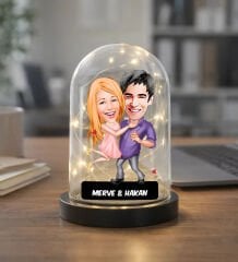 BK Gift Kişiye Özel Sevgiliye Karikatürlü Led Işıklı Cam Fanus Biblo -11, Romantik Hediye, Ev Hediyesi, Sevgiliye Hediye