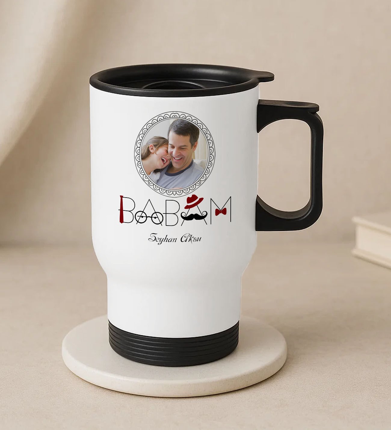 BK Gift Kişiye Özel Fotoğraflı Babalar Günü Tasarımlı Kulplu Beyaz Çelik Bardak Termos Mug 450ml-1, Babalar Günü Hediye, Babaya Hediye