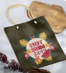 BK Gift Yaz Temalı Haki Halat Saplı Kumaş Plaj Çantası -16, Baskılı Omuz Çantası, Alışveriş Çantası, Arkadaşa Hediye, Sevgiliye Hediye