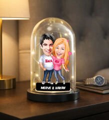 BK Gift Kişiye Özel Sevgiliye Karikatürlü Led Işıklı Cam Fanus Biblo -12, Romantik Hediye, Ev Hediyesi, Sevgiliye Hediye