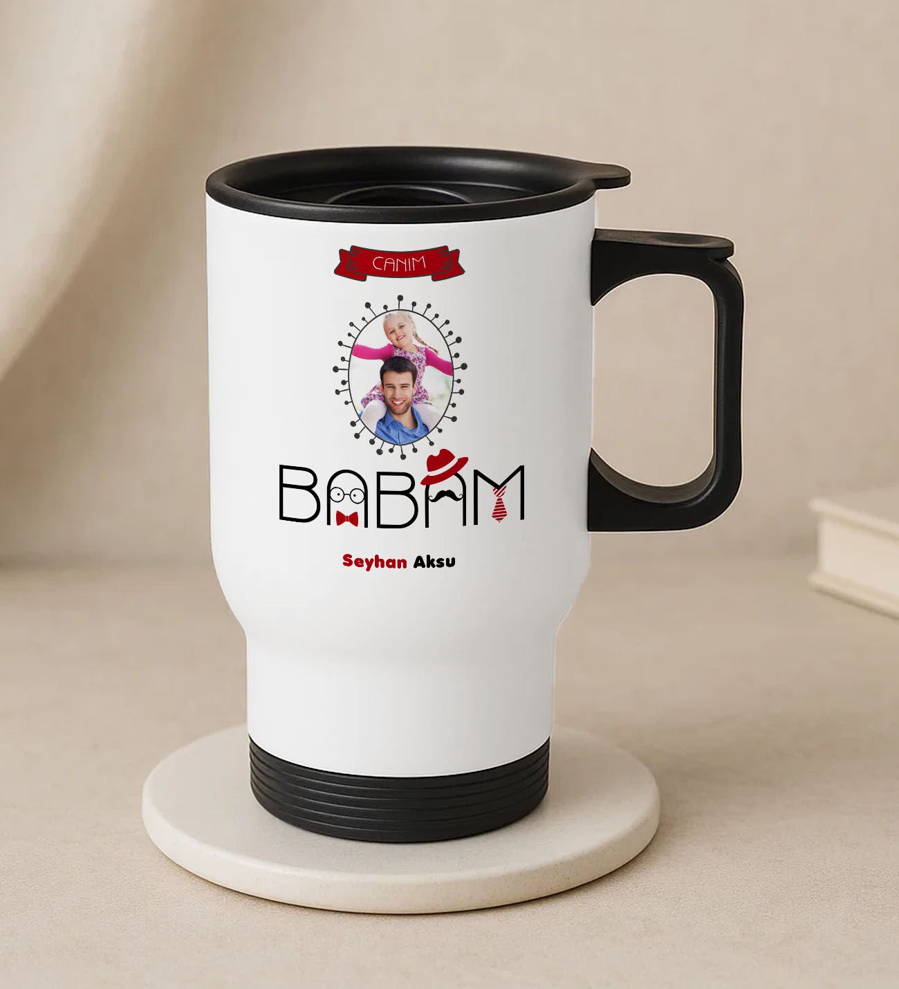 BK Gift Kişiye Özel Fotoğraflı Babalar Günü Tasarımlı Kulplu Beyaz Çelik Bardak Termos Mug 450ml-2, Babalar Günü Hediye, Babaya Hediye