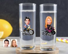 Kişiye Özel Renkli Baskılı Erkek ve Kadın Karikatürlü İkili Vodka Bardağı-8