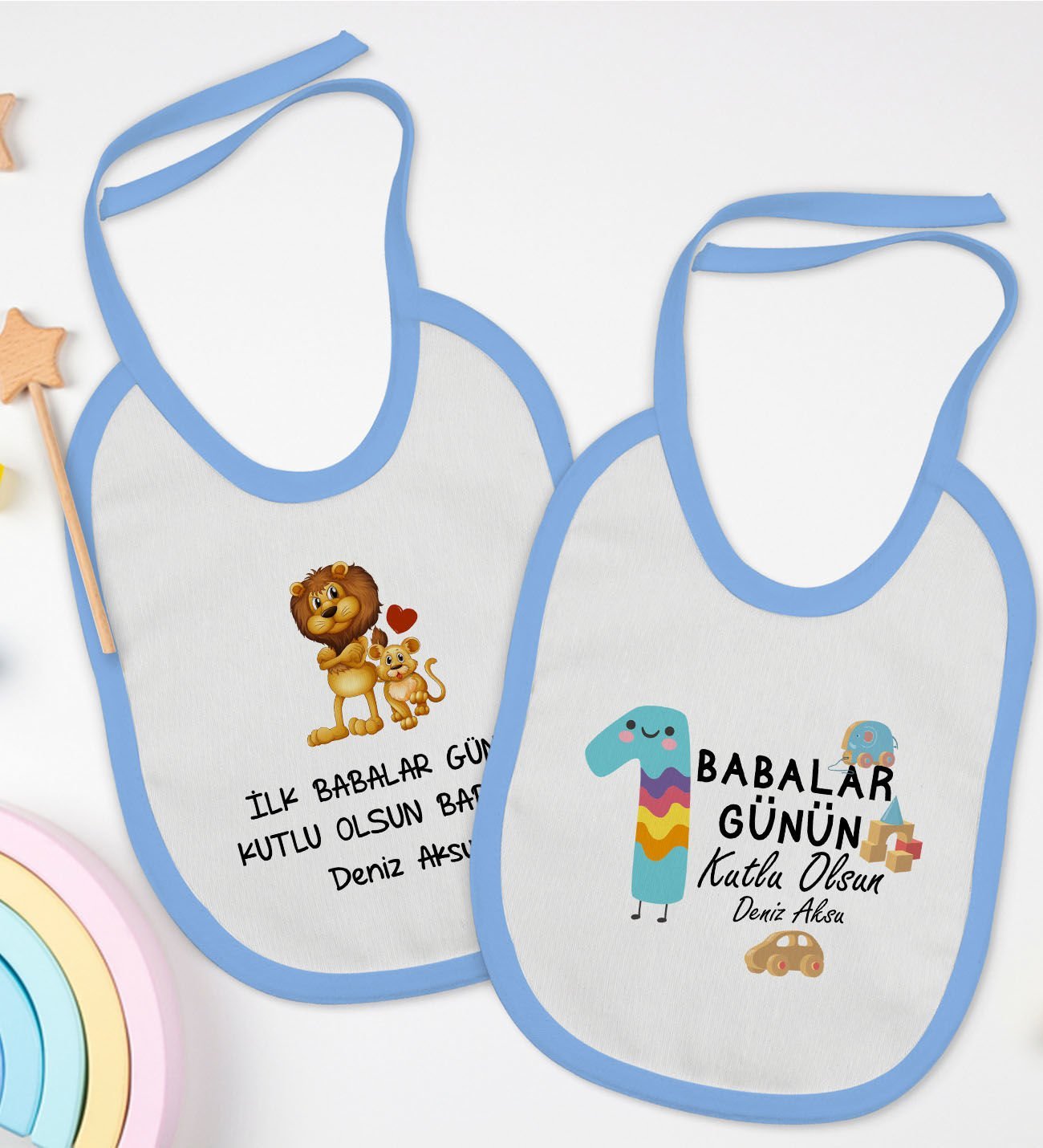 BK Kids Kişiye Özel İlk Babalar Günü Tasarımlı 2’li Mavi Mama Önlüğü-1