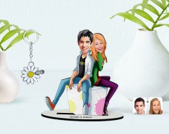Kişiye Özel Sevgililer Karikatürlü 3D Ahşap Biblo ve İsimli Silver Papatya Anahtarlık-35