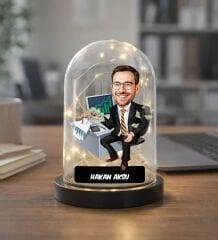 BK Gift Kişiye Özel Erkek Bankacı Karikatürlü Led Işıklı Cam Fanus Biblo -1, Mesleki Hediye, Sevgiliye-Arkadaşa Hediye