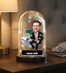 BK Gift Kişiye Özel Erkek Bankacı Karikatürlü Led Işıklı Cam Fanus Biblo -1, Mesleki Hediye, Sevgiliye-Arkadaşa Hediye