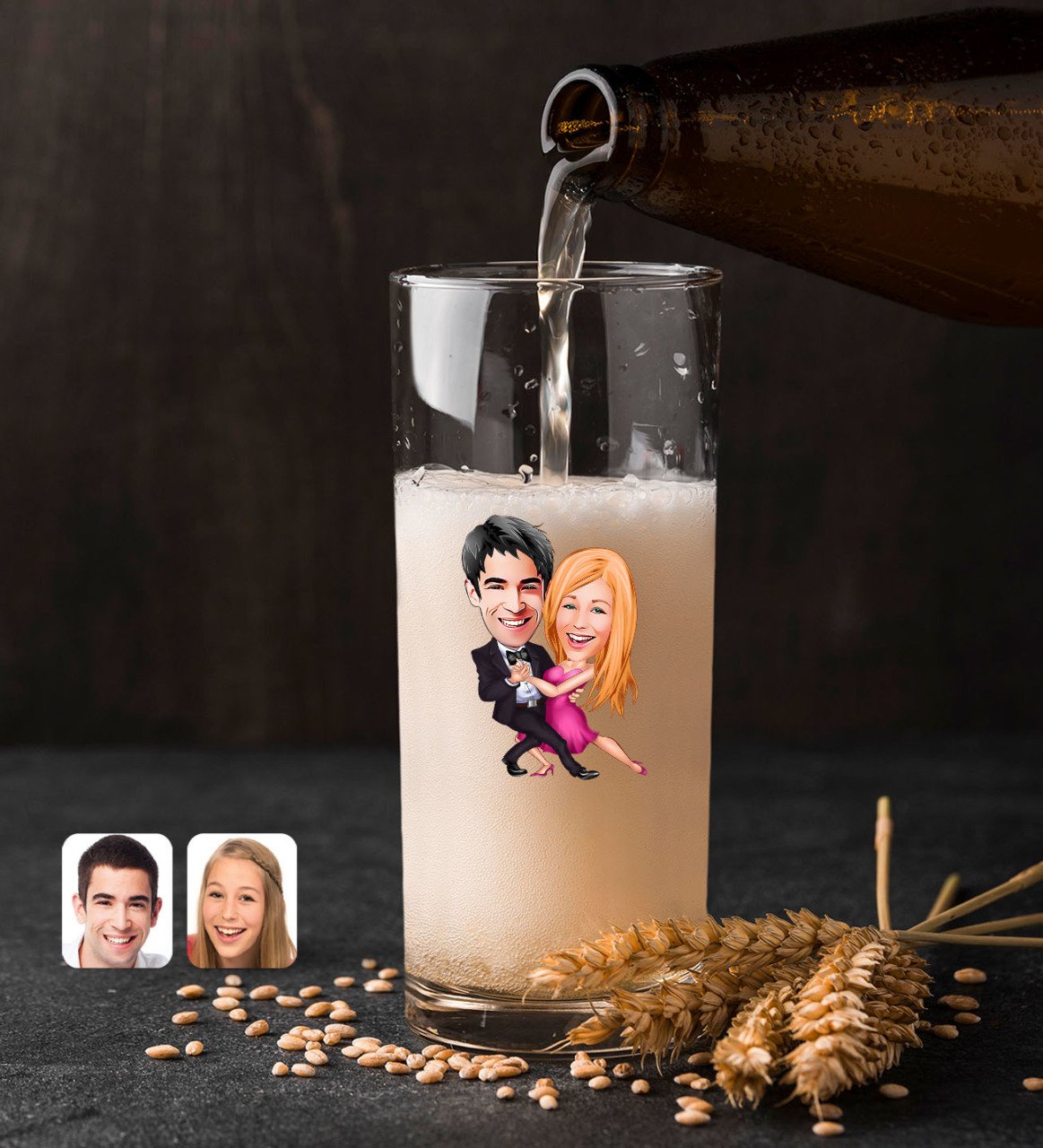 Kişiye Özel Sevgililer Karikatürlü Renkli Baskılı Hiball Bira Bardağı-13