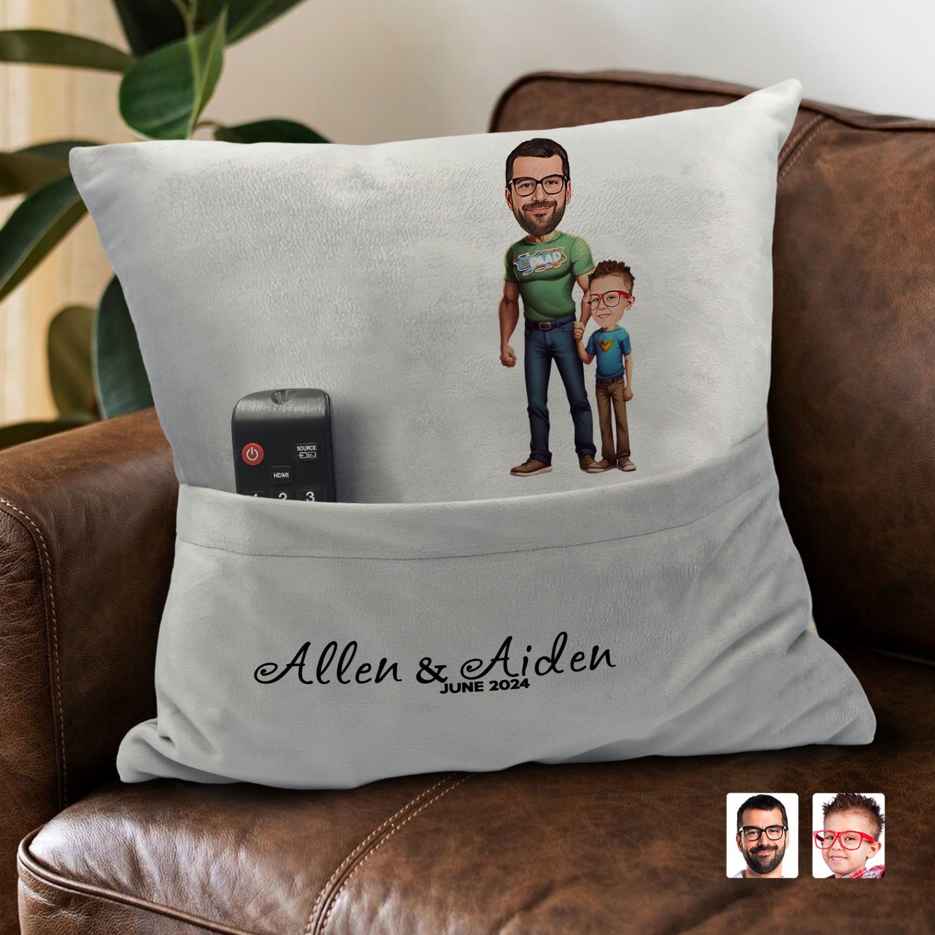 BK Gift Kişiye Özel Baba Oğul Karikatür Tasarımlı Organizer Kumanda ve Atıştırmalık Cepli Gri Kırlent Yastık-21 Arkadaşa Hediye, Cepli Yastık