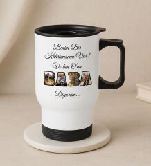 BK Gift Kişiye Özel Fotoğraflı Babalar Günü Tasarımlı Kulplu Beyaz Çelik Bardak Termos Mug 450ml-4, Babalar Günü Hediye, Babaya Hediye