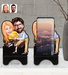 Kişiye Özel Sevgililer Karikatürlü Ahşap Biblo Telefon Standı-102