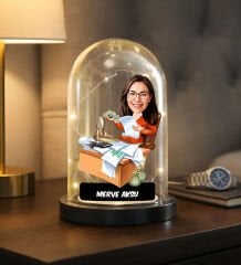 BK Gift Kişiye Özel Kadın Bankacı Karikatürlü Led Işıklı Cam Fanus Biblo -1, Mesleki Hediye, Sevgiliye-Arkadaşa Hediye