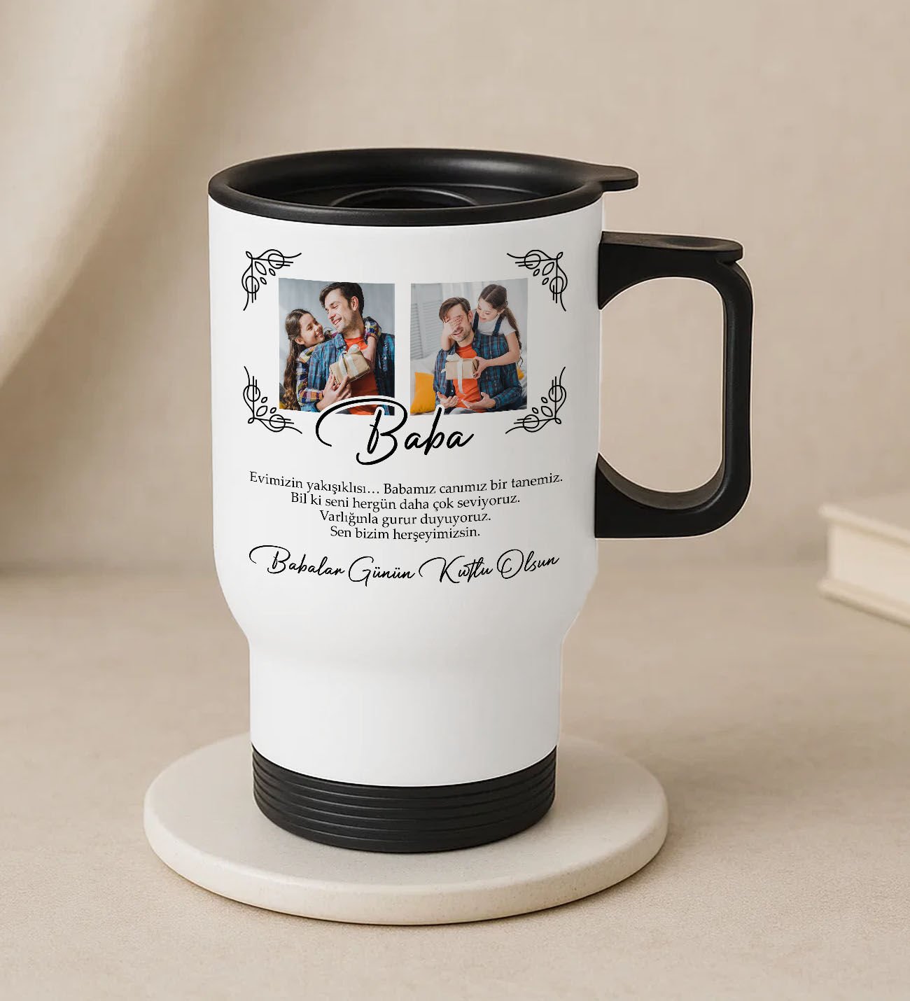BK Gift Kişiye Özel Fotoğraflı Babalar Günü Tasarımlı Kulplu Beyaz Çelik Bardak Termos Mug 450ml-5, Babalar Günü Hediye, Babaya Hediye