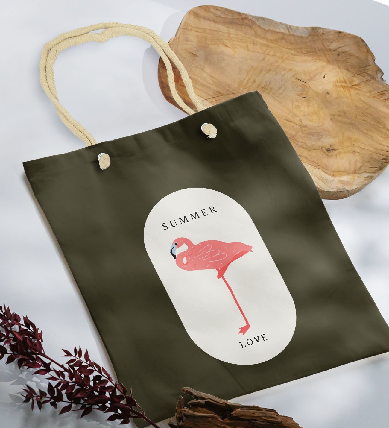 BK Gift Yaz Temalı Haki Halat Saplı Kumaş Plaj Çantası -17, Baskılı Omuz Çantası, Alışveriş Çantası, Arkadaşa Hediye, Sevgiliye Hediye