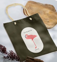 BK Gift Yaz Temalı Haki Halat Saplı Kumaş Plaj Çantası -17, Baskılı Omuz Çantası, Alışveriş Çantası, Arkadaşa Hediye, Sevgiliye Hediye