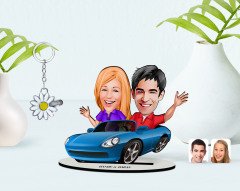 Kişiye Özel Sevgililer Karikatürlü 3D Ahşap Biblo ve İsimli Silver Papatya Anahtarlık-52
