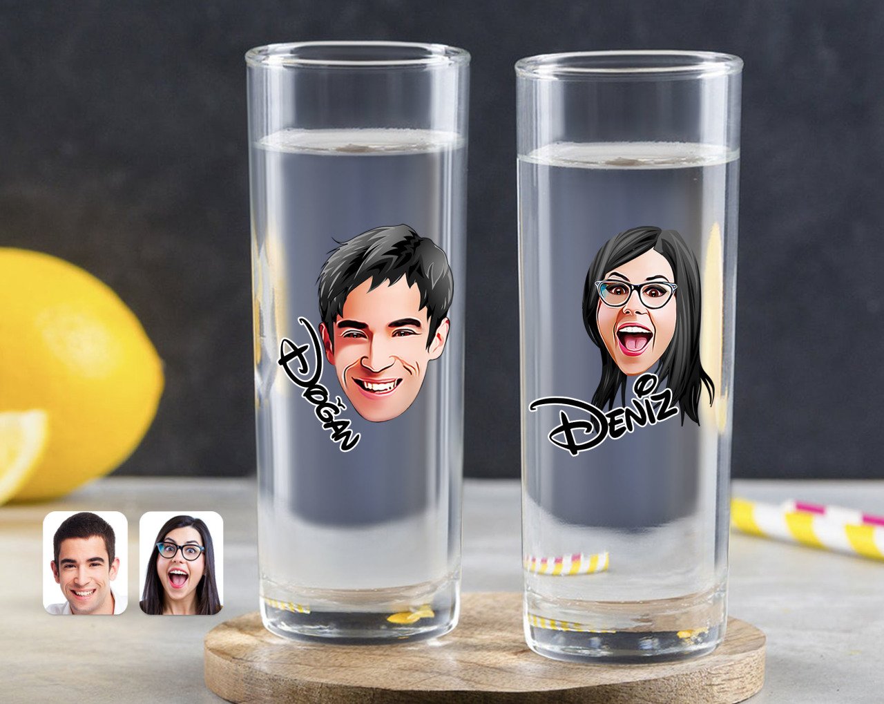 Kişiye Özel Renkli Baskılı Erkek ve Kadın Yüz Karikatürlü İkili Vodka Bardağı-2