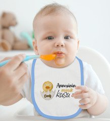 BK Kids Kişiye Özel Annesinin Minik Kuşu Tasarımlı Mavi Bebek Body Zıbın ve Mama Önlüğü Hediye Seti